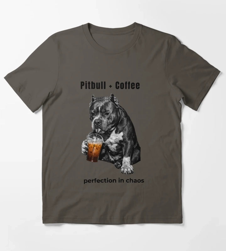 Pitbull Coffee Perfection in Chaos Funny Pitbull Drinking Coffee Shirt T-Shirt Dark Grey