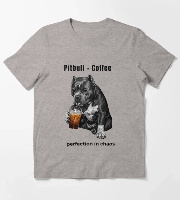 Pitbull Coffee Perfection in Chaos Funny Pitbull Drinking Coffee Shirt T-Shirt Heather Grey