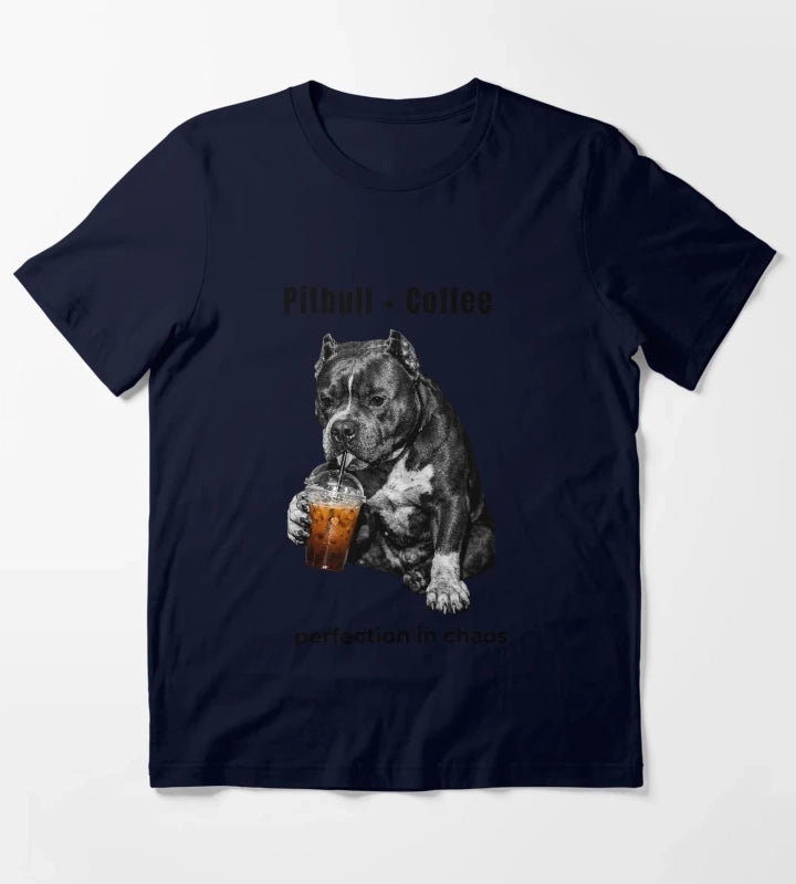 Pitbull Coffee Perfection in Chaos Funny Pitbull Drinking Coffee Shirt T-Shirt Navy