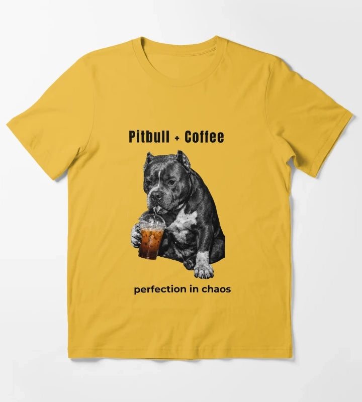 Pitbull Coffee Perfection in Chaos Funny Pitbull Drinking Coffee Shirt T-Shirt Yellow