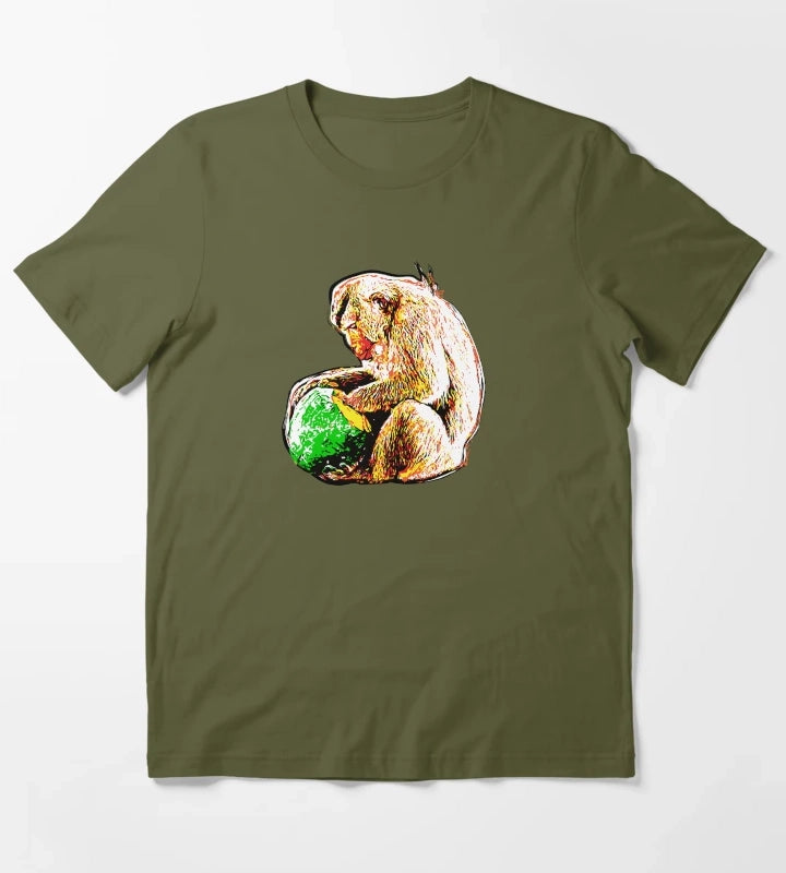 Pop Art Macaque Eating a Monkey T-Shirt Olive Green