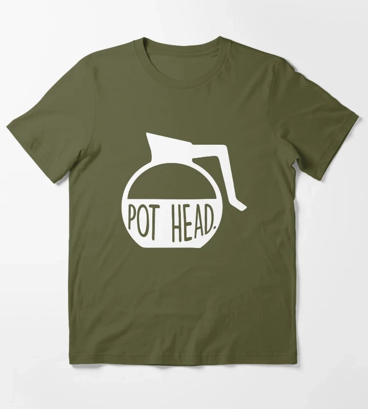 Pot Head Coffee Addict Art T-Shirt Olive Green