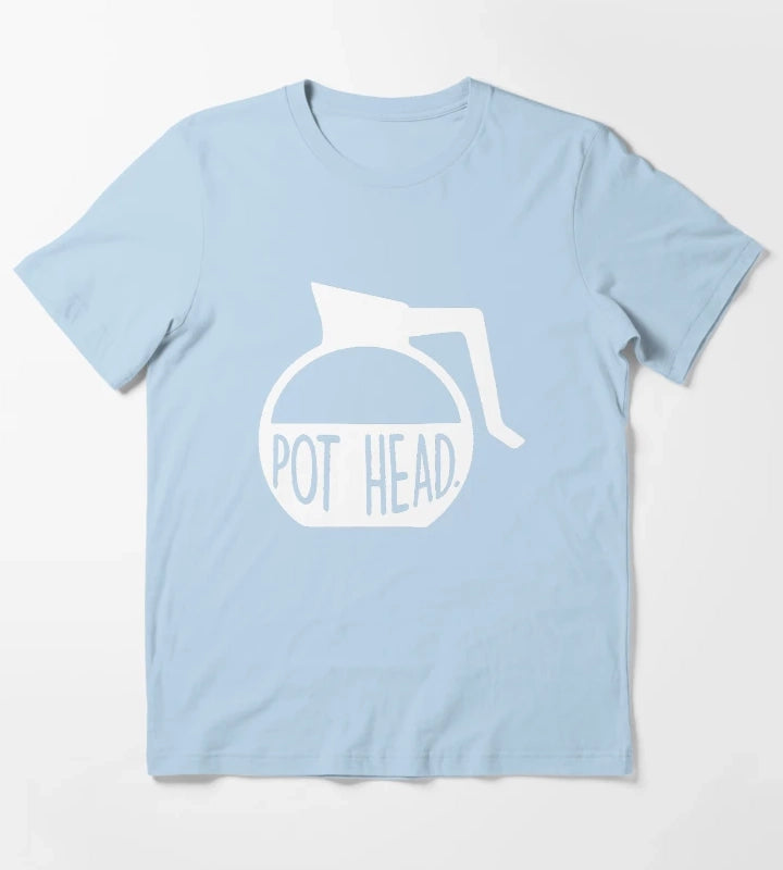 Pot Head Coffee Addict Art T-Shirt Sky Blue
