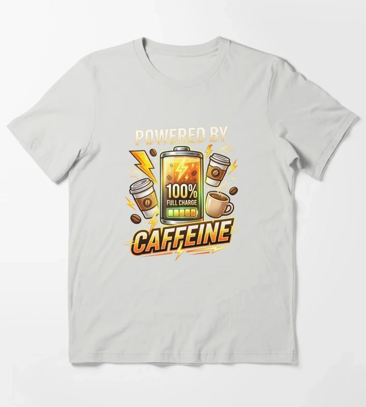 Powered By Caffeine Funny Coffee Lover Design T-Shirt Light Grey