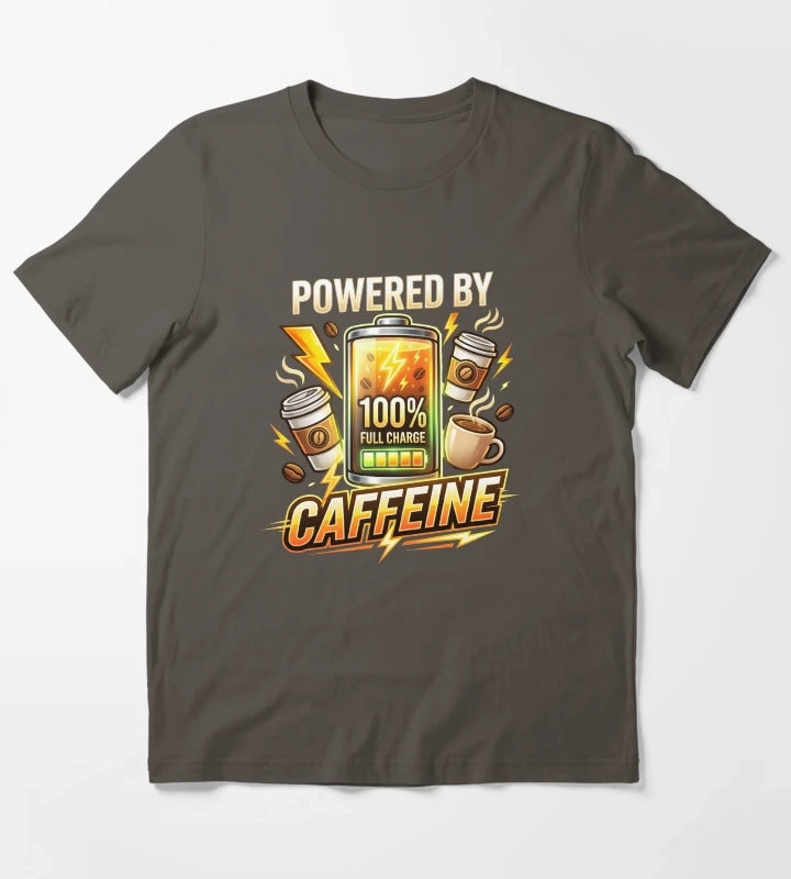 Powered By Caffeine Funny Coffee Lover Design T-Shirt Dark Grey