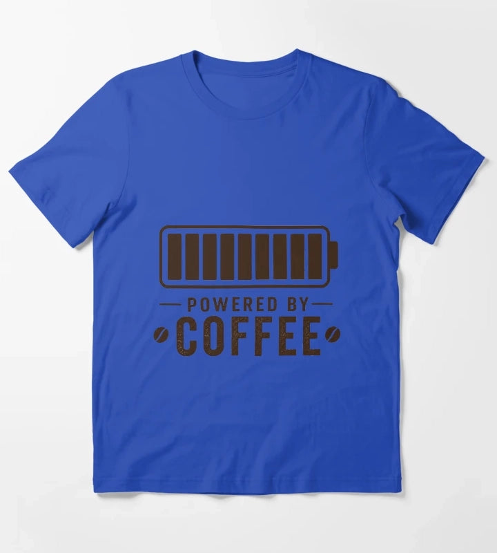 Powered By Coffee Battery Shirt Funny Coffee Lover Design Caffeine Fuel Gauge Minimalist Coffee Gift T-Shirt Blue