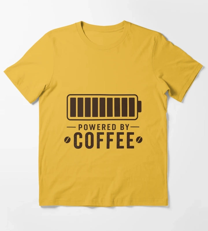 Powered By Coffee Battery Shirt Funny Coffee Lover Design Caffeine Fuel Gauge Minimalist Coffee Gift T-Shirt Yellow