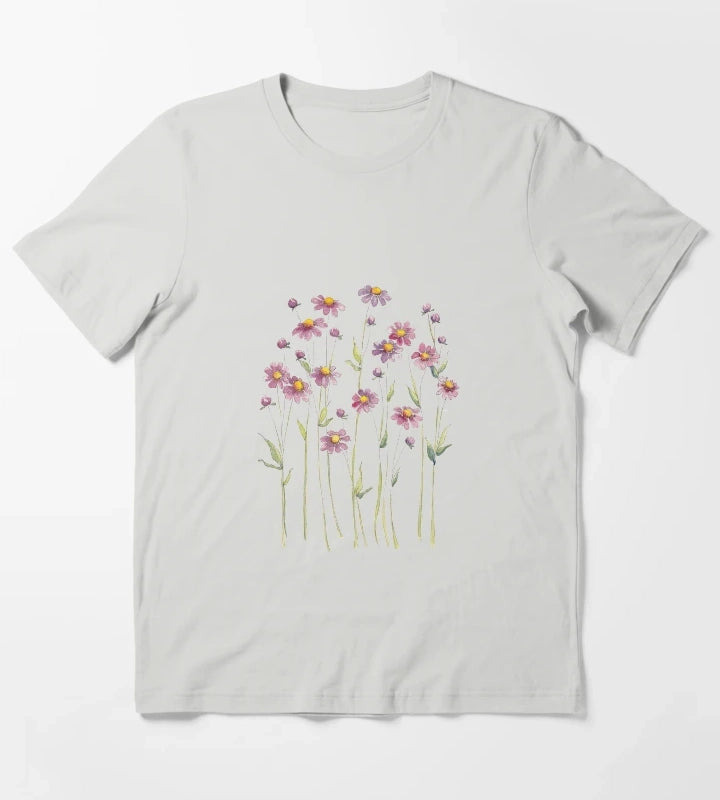 Pretty Mauve Daisies T-Shirt Light Grey