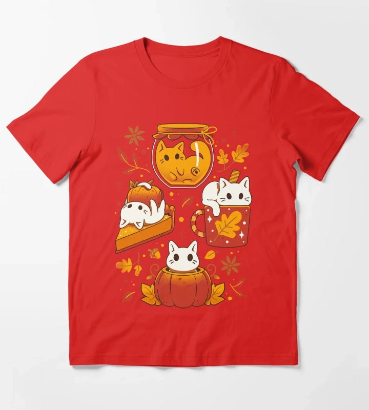 Pumpkin Party Kittens Fall Cats T-Shirt Red