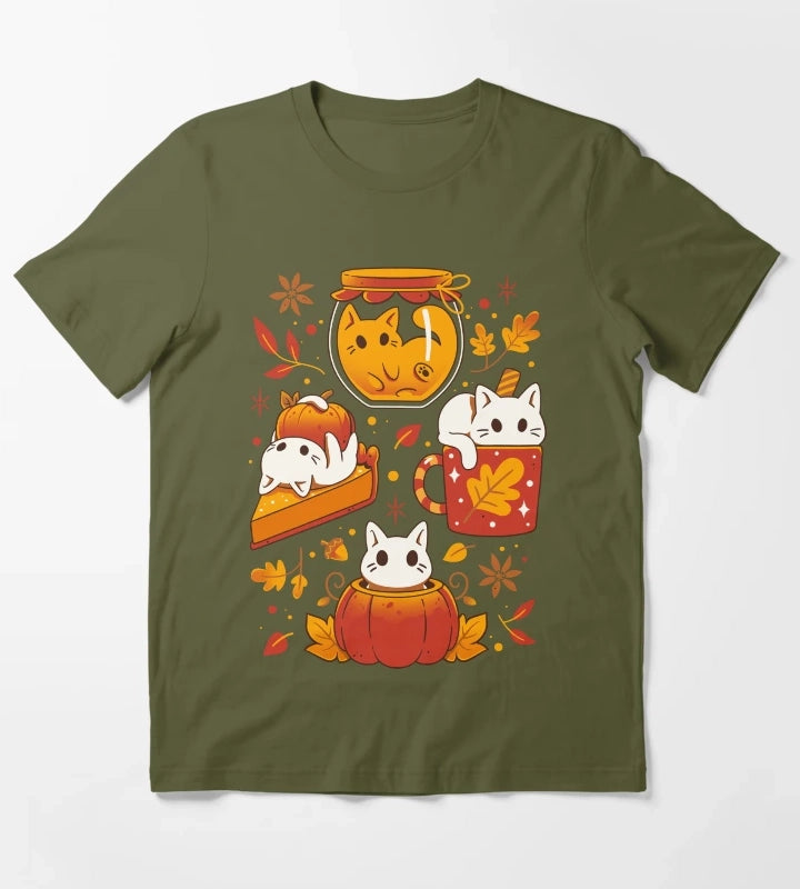 Pumpkin Party Kittens Fall Cats T-Shirt Olive Green