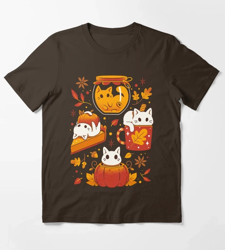 Pumpkin Party Kittens Fall Cats T-Shirt Brown