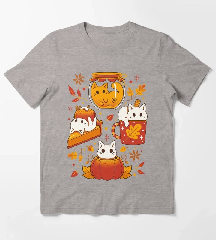 Pumpkin Party Kittens Fall Cats T-Shirt Heather Grey