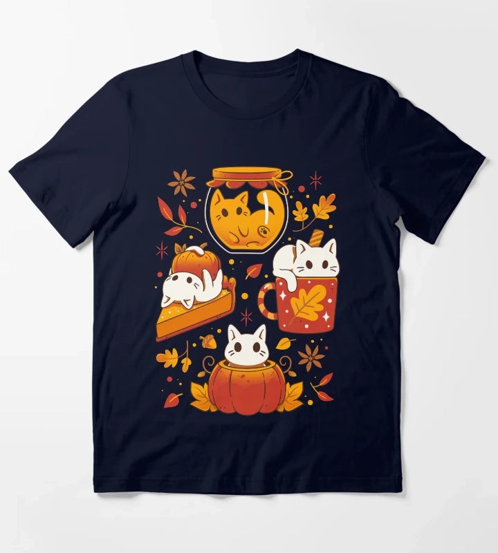 Pumpkin Party Kittens Fall Cats T-Shirt Navy