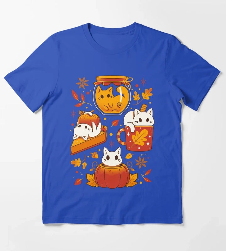 Pumpkin Party Kittens Fall Cats T-Shirt Blue