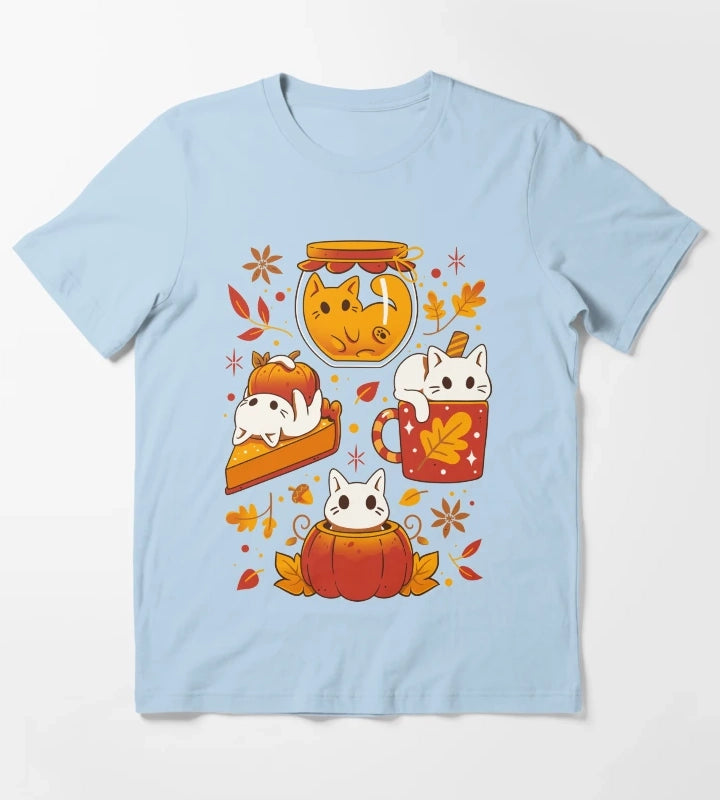 Pumpkin Party Kittens Fall Cats T-Shirt Sky Blue