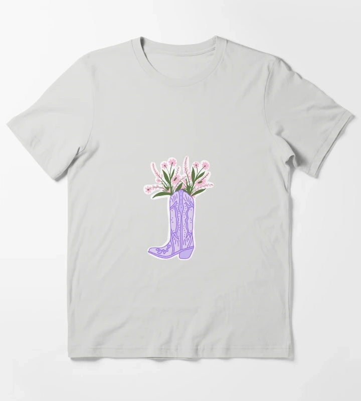 Purple Cowboy Boot with Flowers T-Shirt Light Grey