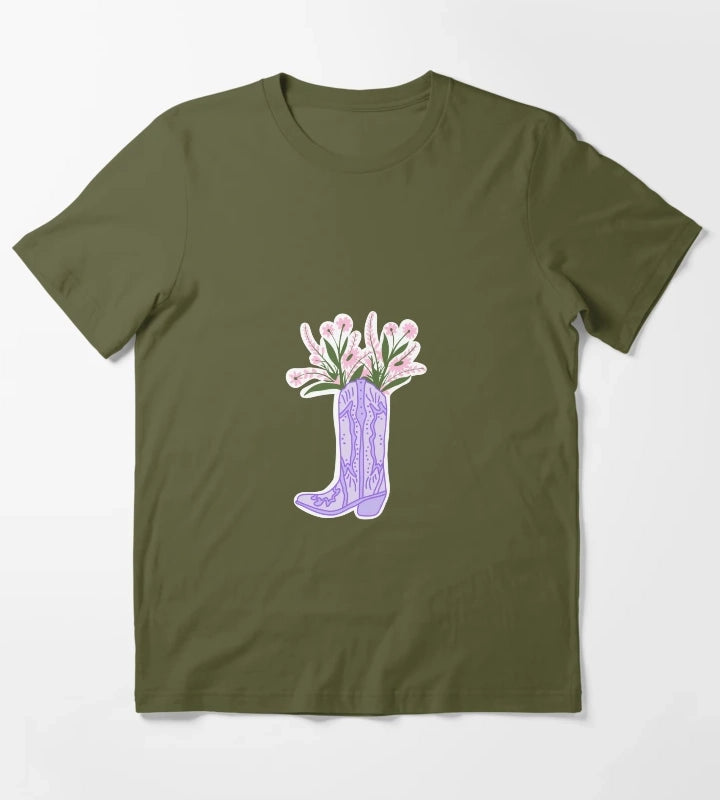 Purple Cowboy Boot with Flowers T-Shirt Olive Green