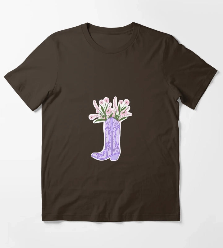 Purple Cowboy Boot with Flowers T-Shirt Brown