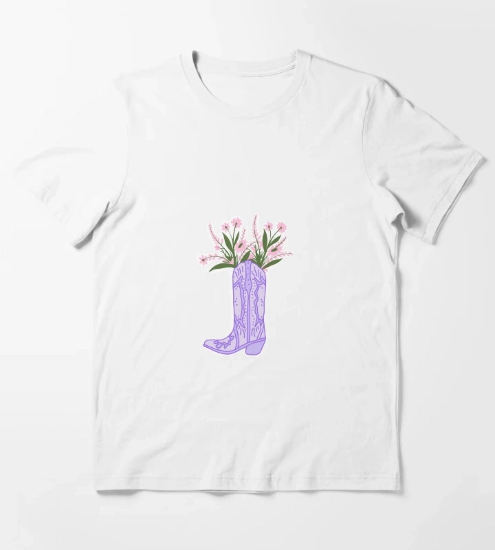 Purple Cowboy Boot with Flowers T-Shirt White