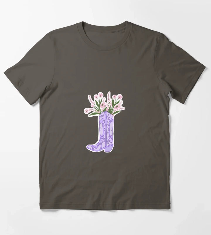 Purple Cowboy Boot with Flowers T-Shirt Dark Grey