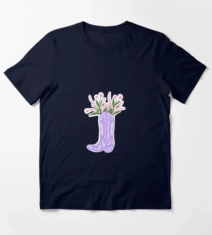 Purple Cowboy Boot with Flowers T-Shirt Navy