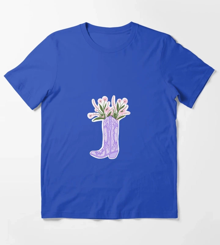 Purple Cowboy Boot with Flowers T-Shirt Blue
