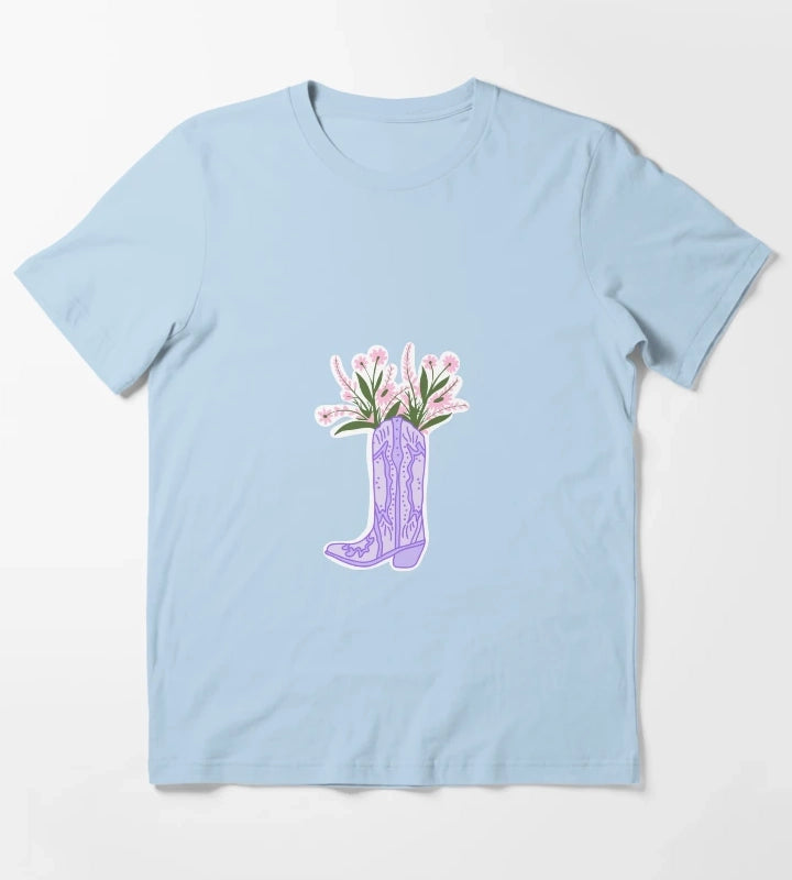 Purple Cowboy Boot with Flowers T-Shirt Sky Blue