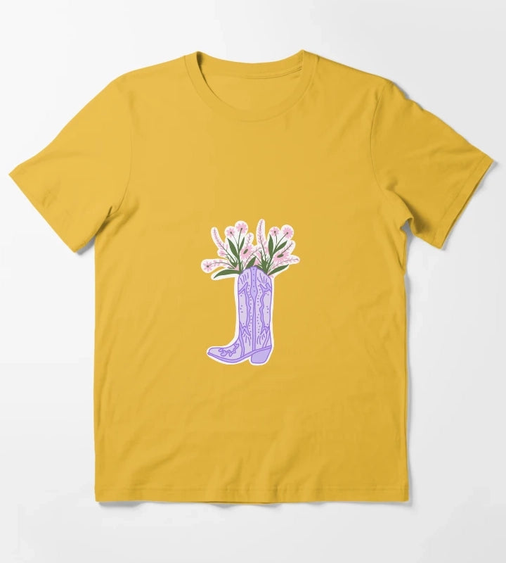 Purple Cowboy Boot with Flowers T-Shirt Yellow