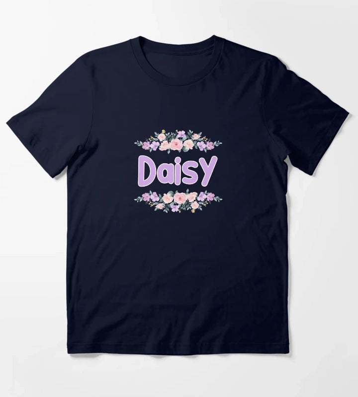 Purple Flower Daisy Name Label Black T-Shirt Navy
