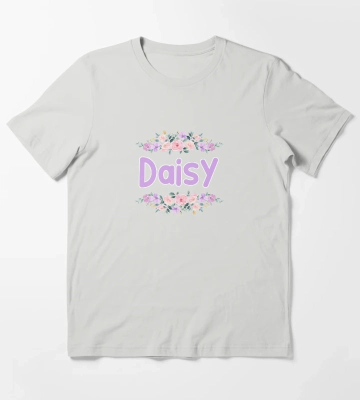 Purple Flower Daisy Name Label T-Shirt Light Grey