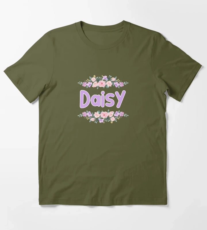 Purple Flower Daisy Name Label T-Shirt Olive Green