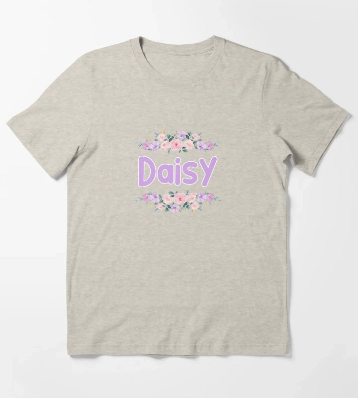 Purple Flower Daisy Name Label T-Shirt Cream