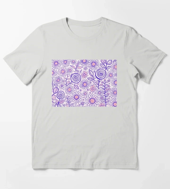 Purple Folk Daisy Pattern T-Shirt Light Grey