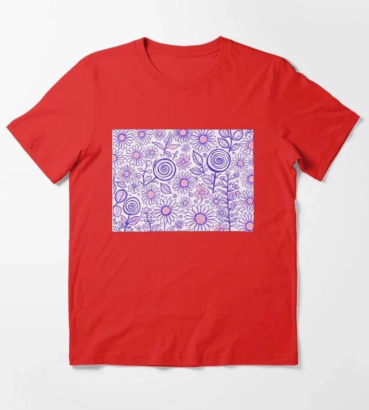 Purple Folk Daisy Pattern T-Shirt Red