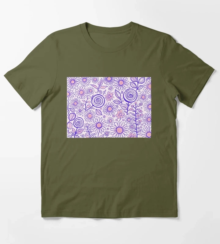 Purple Folk Daisy Pattern T-Shirt Olive Green