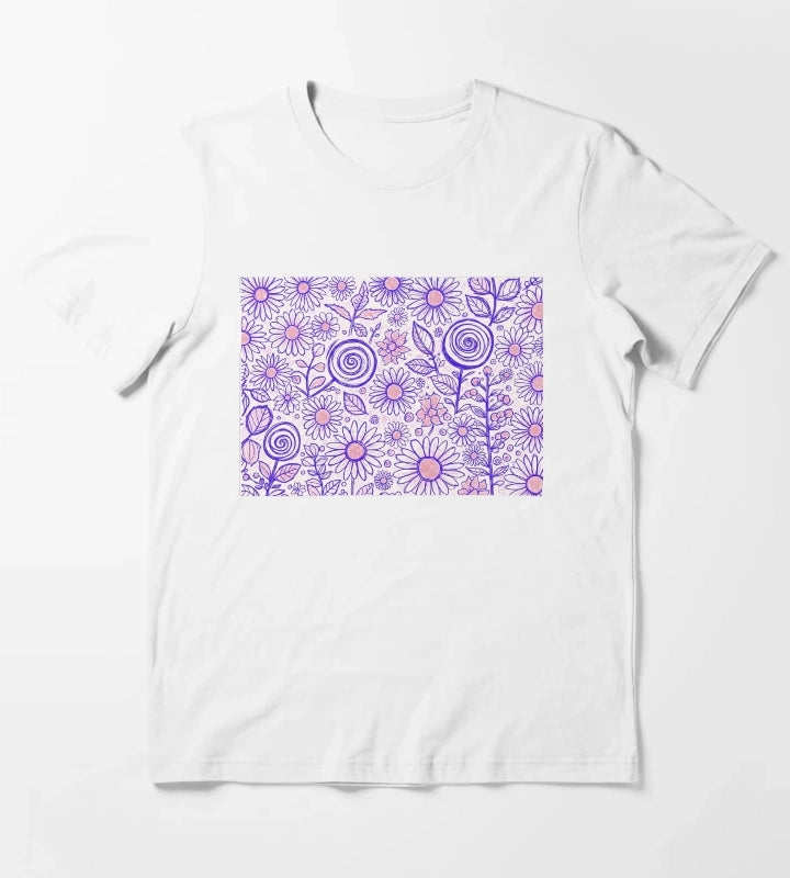 Purple Folk Daisy Pattern T-Shirt White