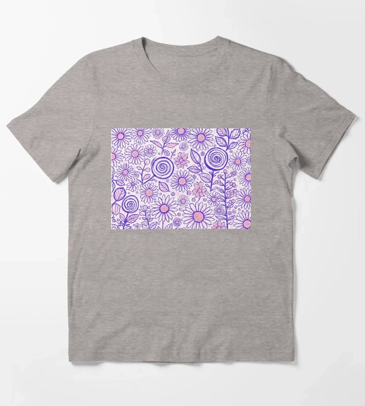 Purple Folk Daisy Pattern T-Shirt Heather Grey
