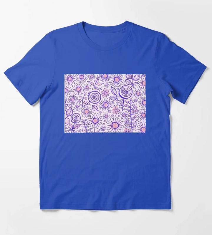 Purple Folk Daisy Pattern T-Shirt Blue