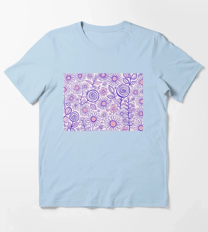 Purple Folk Daisy Pattern T-Shirt Sky Blue