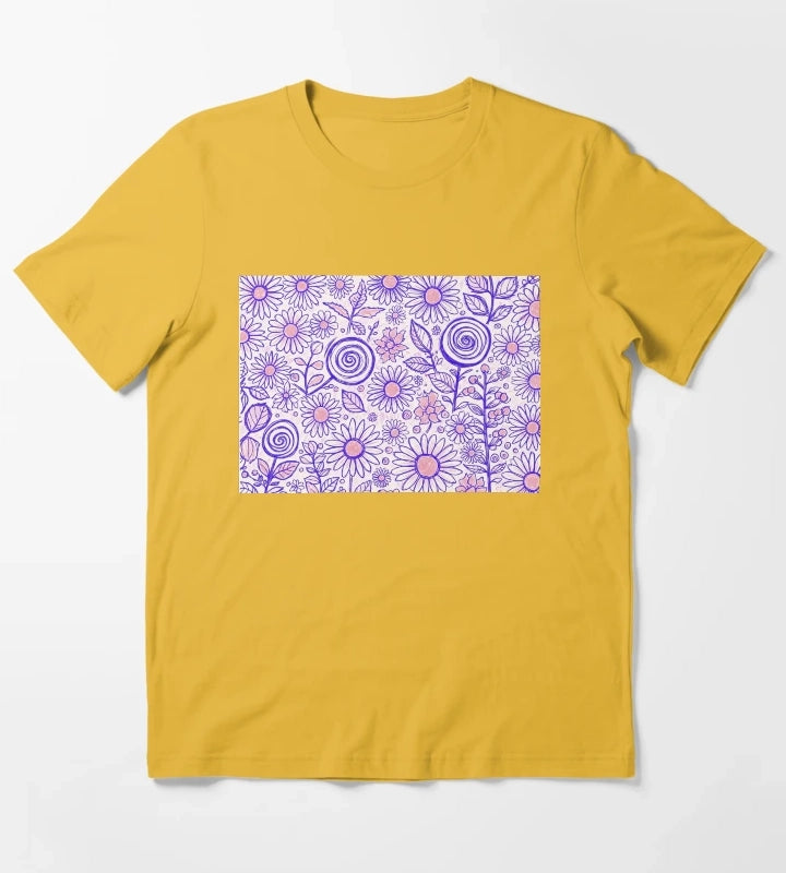 Purple Folk Daisy Pattern T-Shirt Yellow