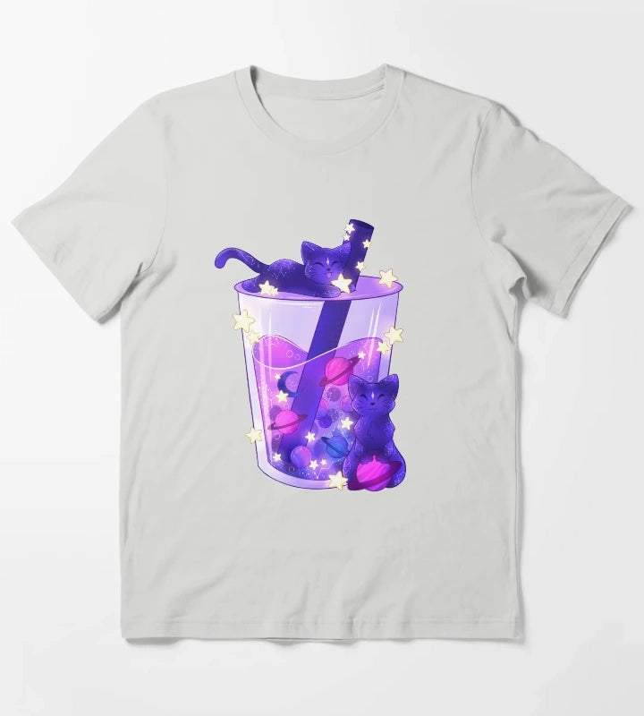 Purple Galaxy Cats Boba Tea T-Shirt Light Grey