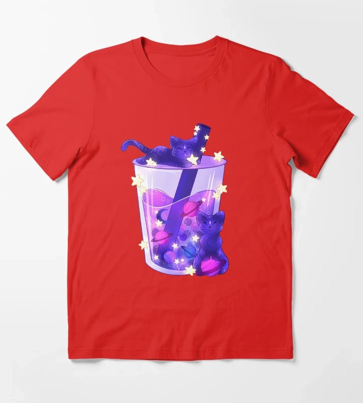 Purple Galaxy Cats Boba Tea T-Shirt Red