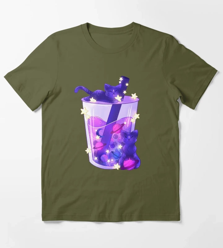 Purple Galaxy Cats Boba Tea T-Shirt Olive Green