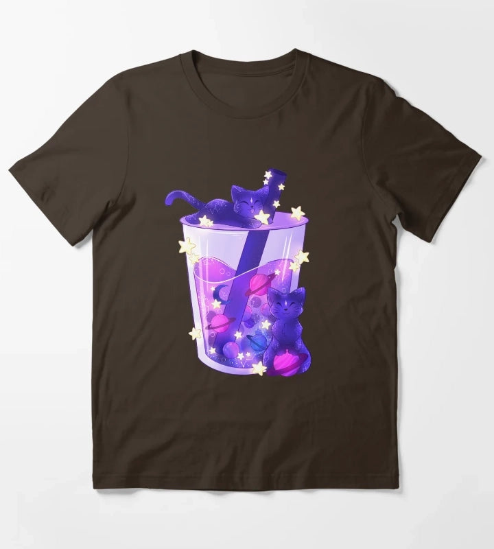 Purple Galaxy Cats Boba Tea T-Shirt Brown