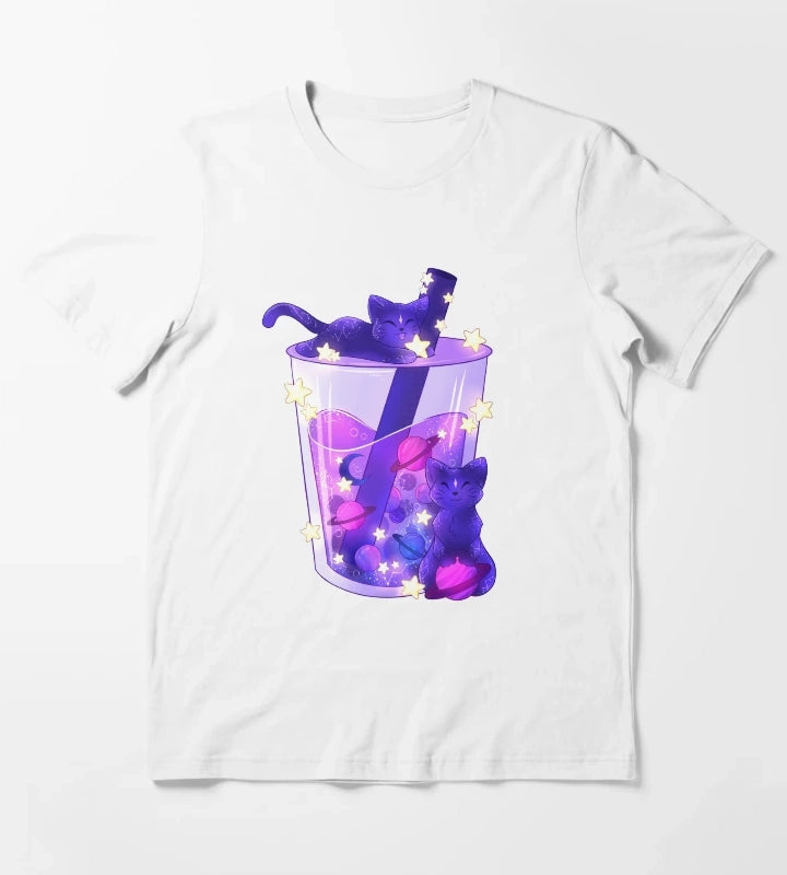 Purple Galaxy Cats Boba Tea T-Shirt White