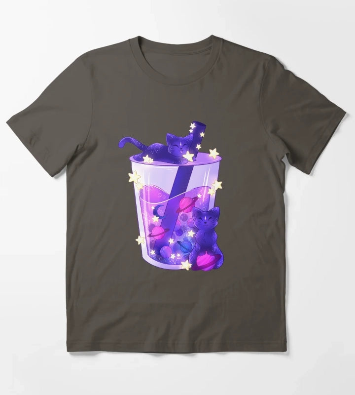 Purple Galaxy Cats Boba Tea T-Shirt Dark Grey