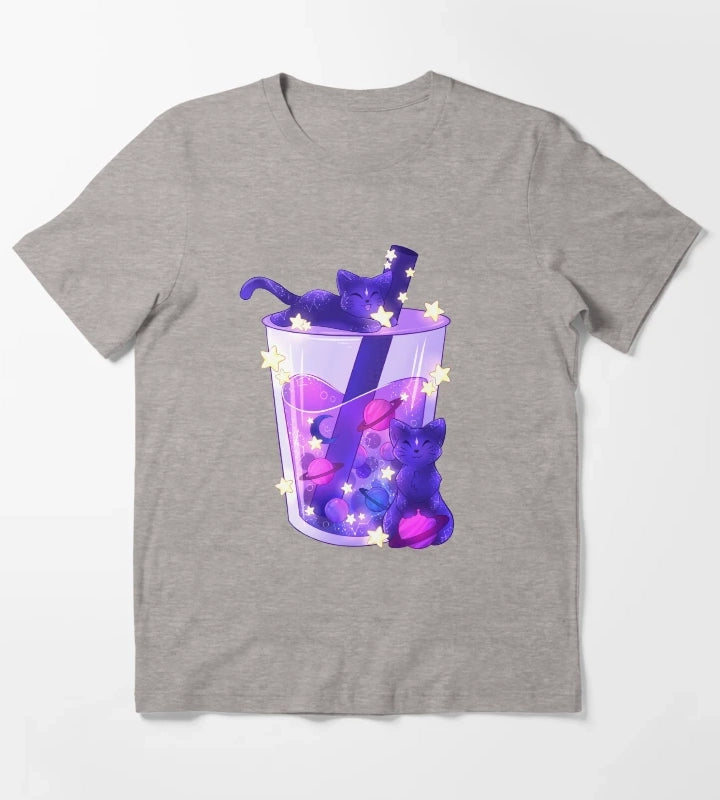 Purple Galaxy Cats Boba Tea T-Shirt Heather Grey