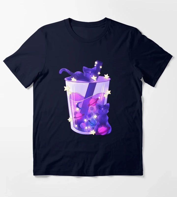 Purple Galaxy Cats Boba Tea T-Shirt Navy