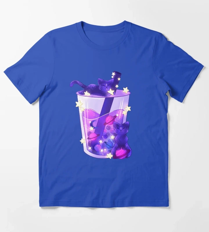 Purple Galaxy Cats Boba Tea T-Shirt Blue