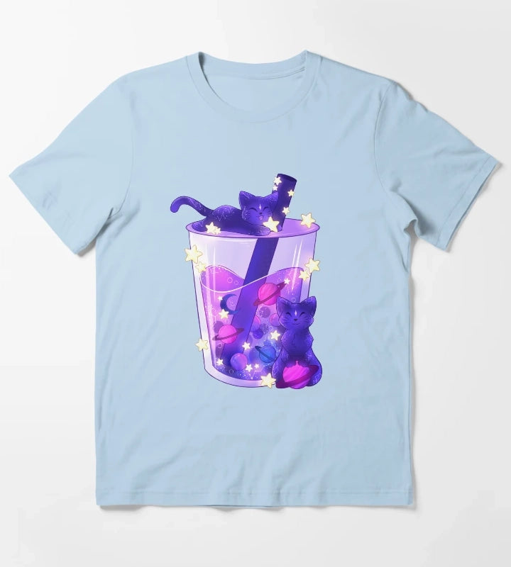 Purple Galaxy Cats Boba Tea T-Shirt Sky Blue